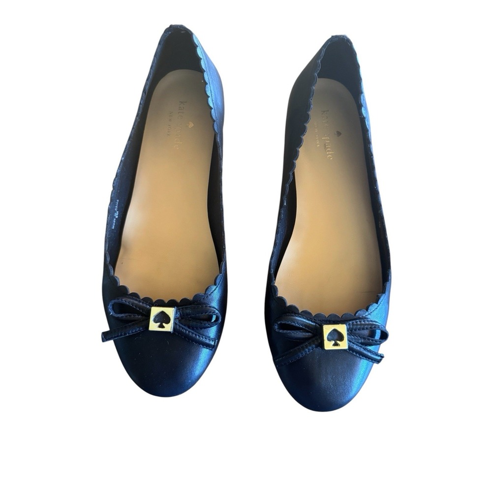 Kate Spade Black Ballet Shoes Size 8 Scalloped Collar Edge Bow Square Spade Logo